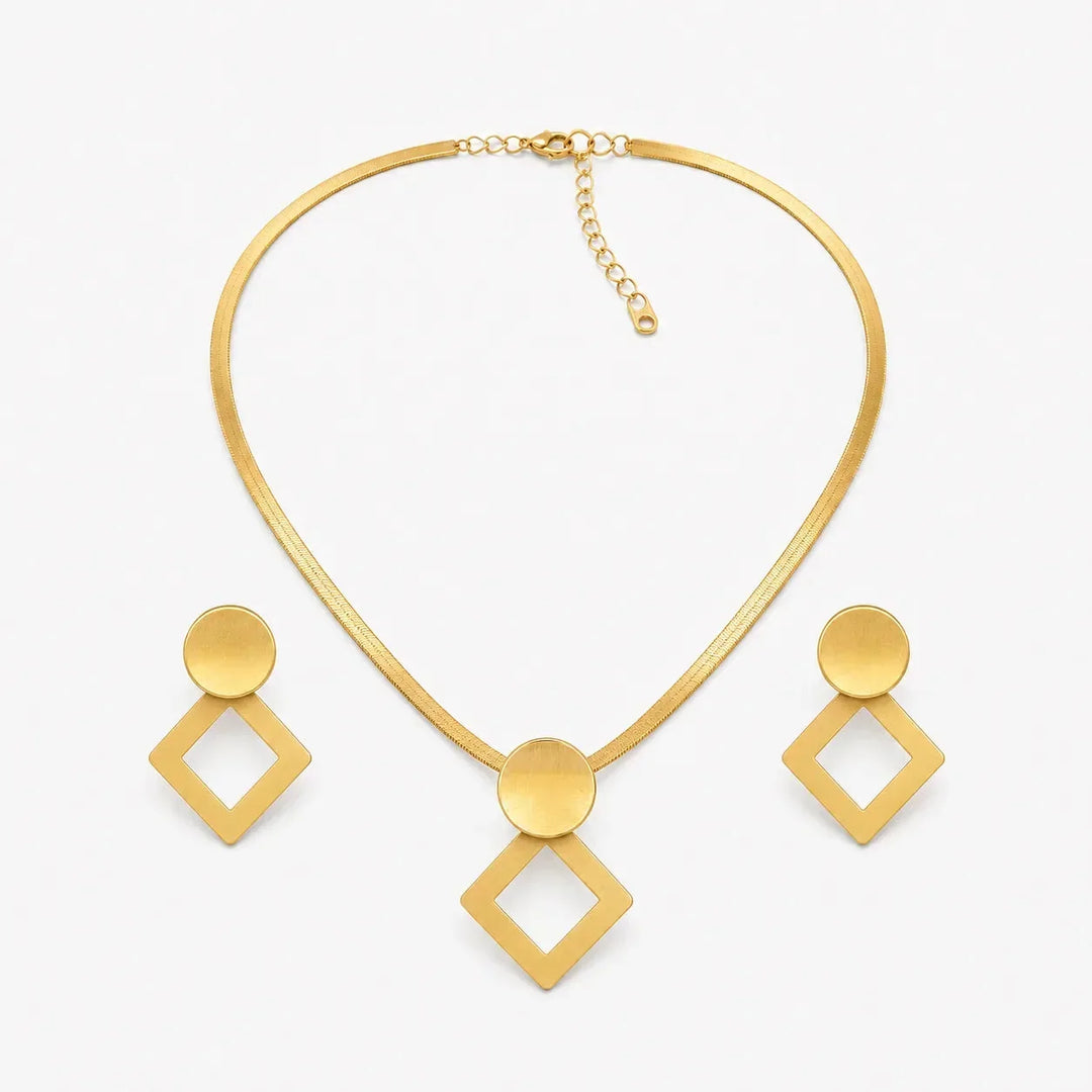 Aurenza Gold necklace and earring set, textured medallion, flat snake chain - Elena Harper