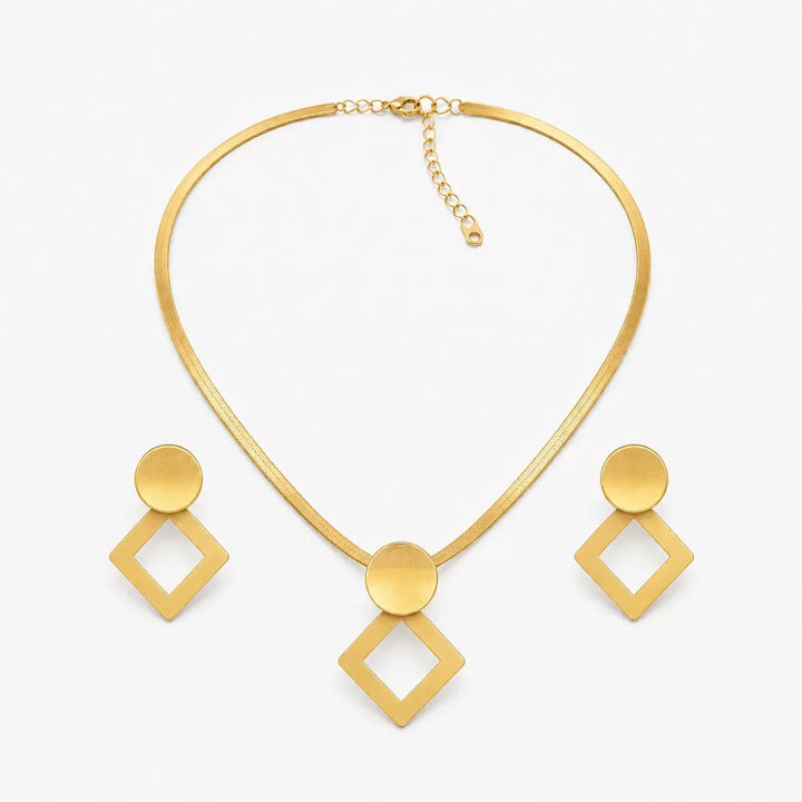 Aurenza Gold necklace and earring set, textured medallion, flat snake chain - Elena Harper