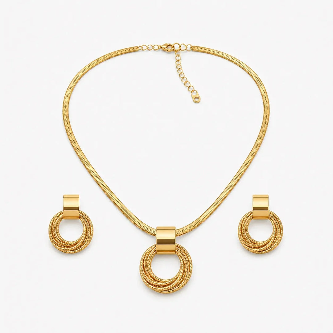 Aurenza Gold necklace and earring set, textured medallion, flat snake chain - Elena Harper