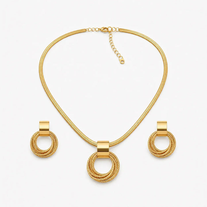 Aurenza Gold necklace and earring set, textured medallion, flat snake chain - Elena Harper