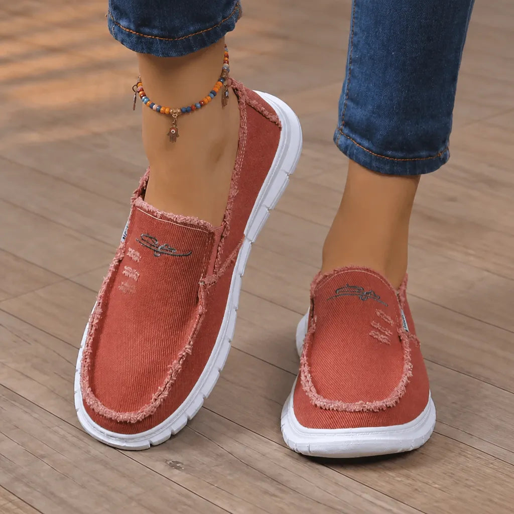 Breeza Women's Distressed Canvas Slip-On Loafers with Frayed Edges - Elena Harper