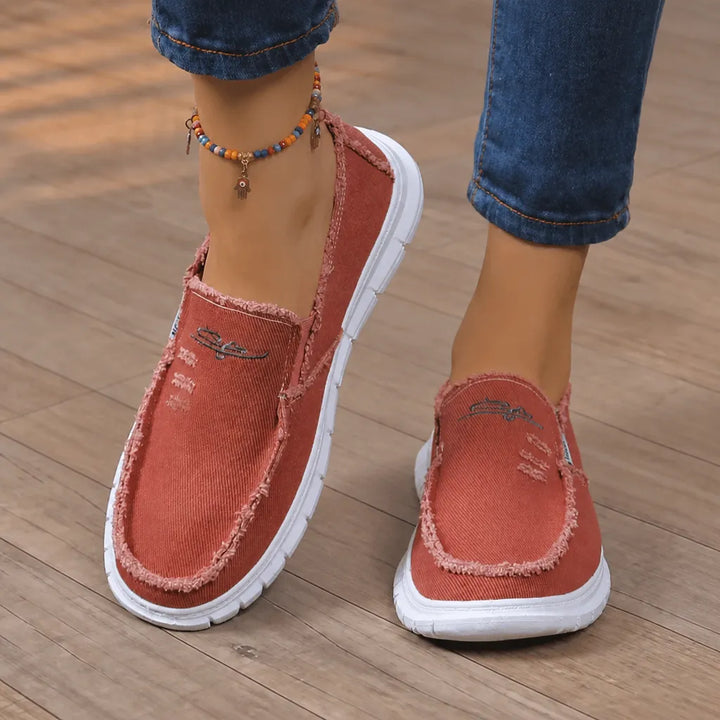 Breeza Women's Distressed Canvas Slip-On Loafers with Frayed Edges - Elena Harper