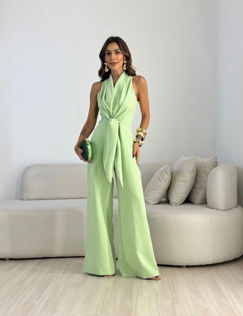 Women's Fluid Jumpsuit with Draped Neckline and Tied Waist - Elegant Cut