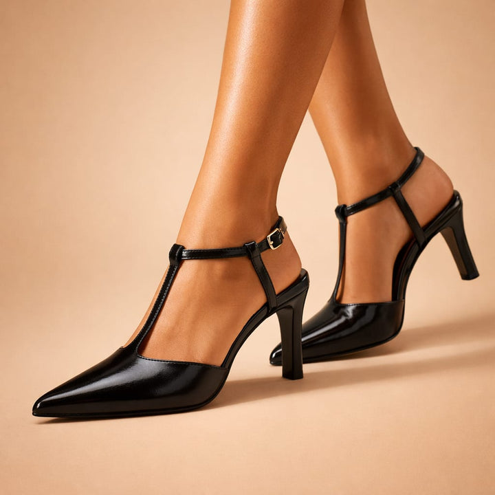 Ladies' Leather T-Strap Heels with Slingback