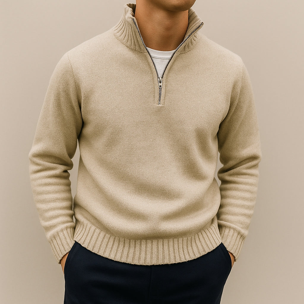 Refined Half-Zip Sweater with Stand-Up Collar for Men