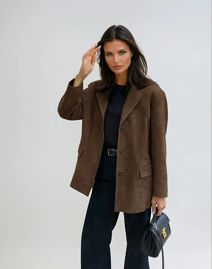 Brown Suede Blazer for Women with Pockets – Elegant Jacket