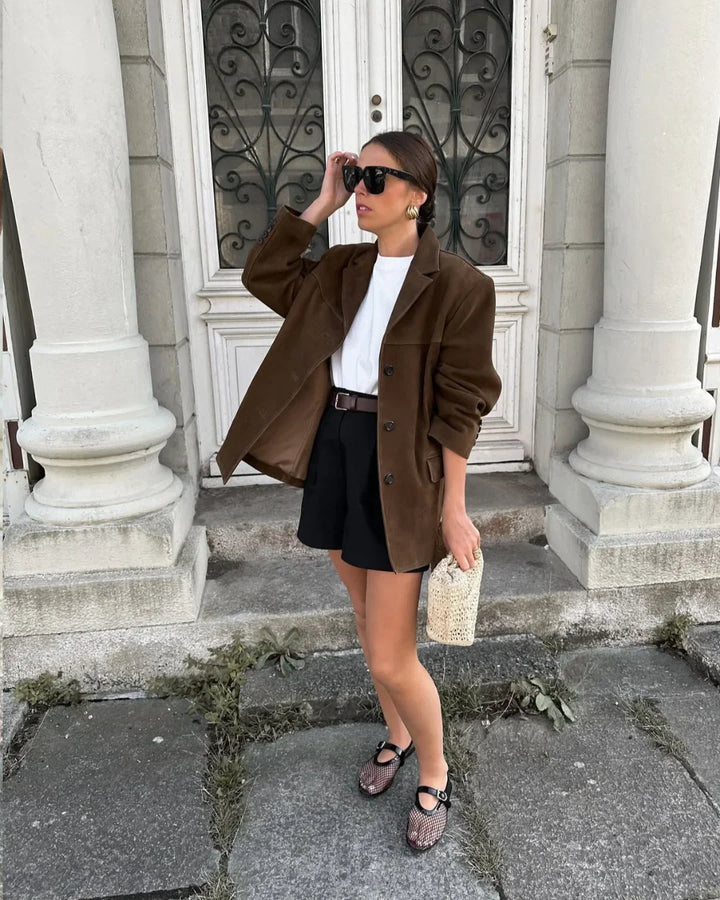 Brown Suede Blazer for Women with Pockets – Elegant Jacket