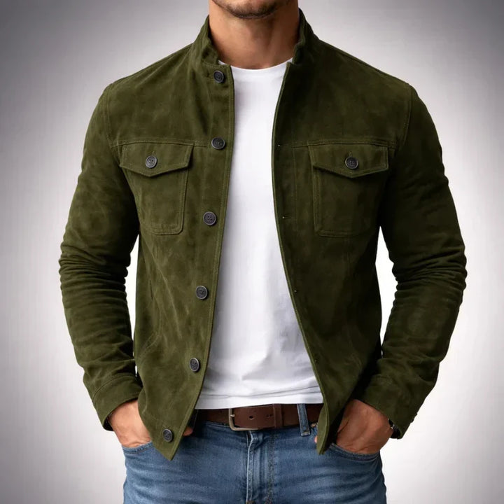 Men's Faux Suede Jacket with High Collar and Button Closure - Elena Harper