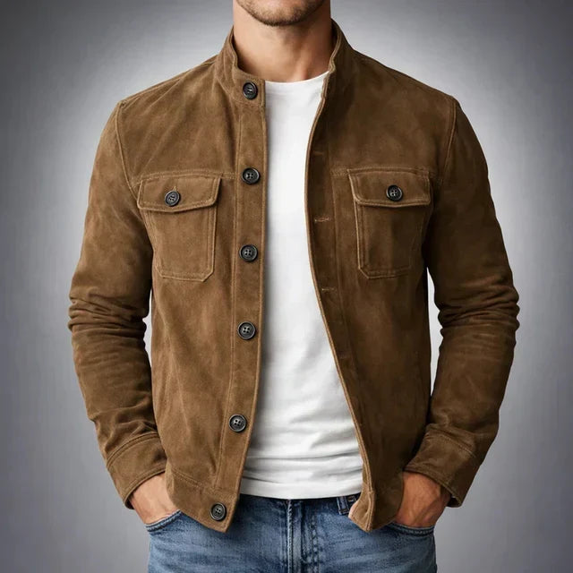 Men's Suede Effect Jacket with High Collar and Button Closure