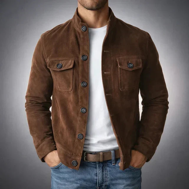 Men's Faux Suede Jacket with High Collar and Button Closure - Elena Harper