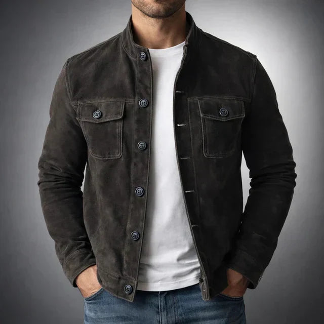 Men's Faux Suede Jacket with High Collar and Button Closure - Elena Harper