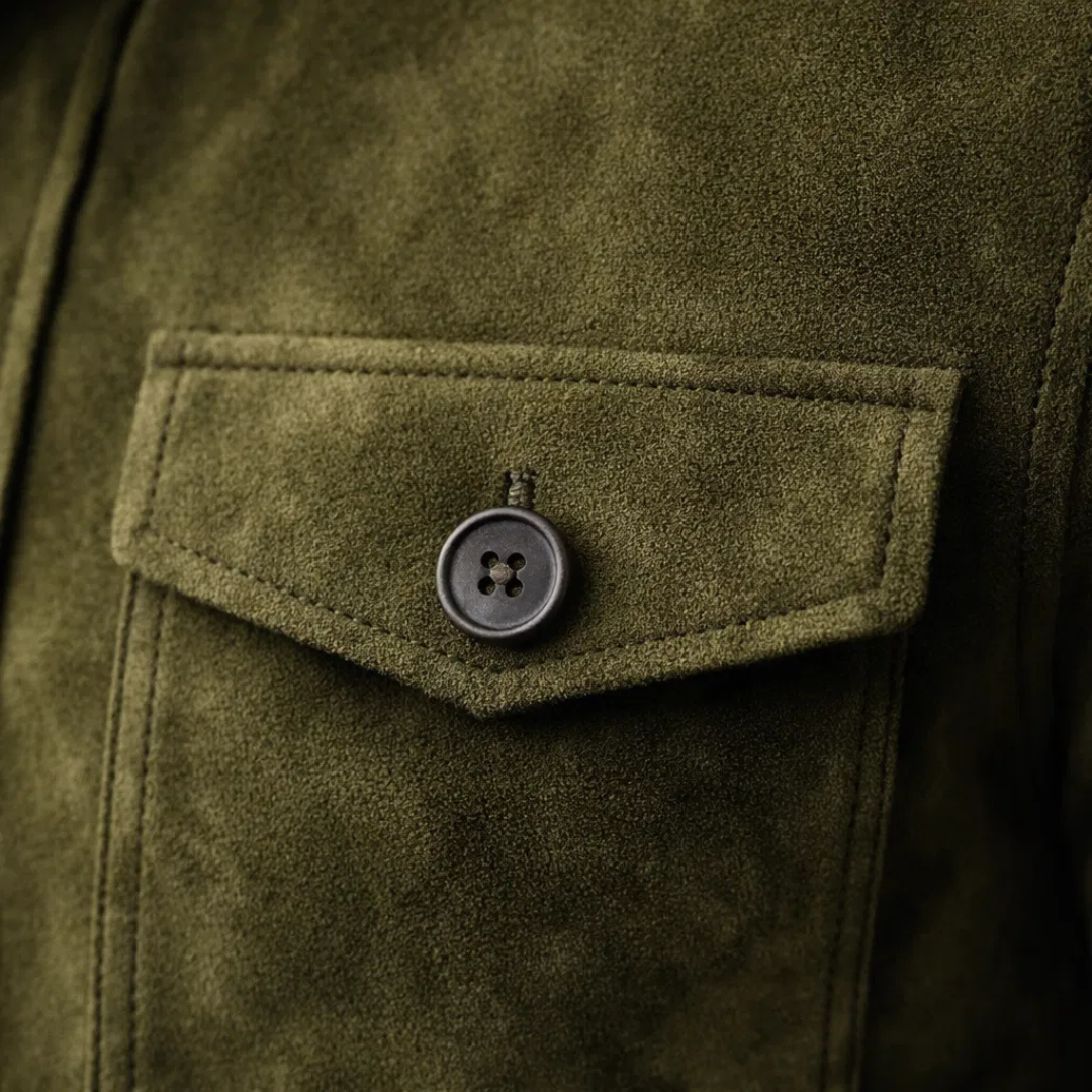 Men's Faux Suede Jacket with High Collar and Button Closure - Elena Harper