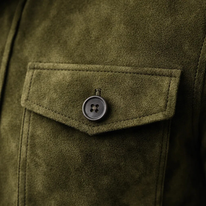 Men's Faux Suede Jacket with High Collar and Button Closure - Elena Harper