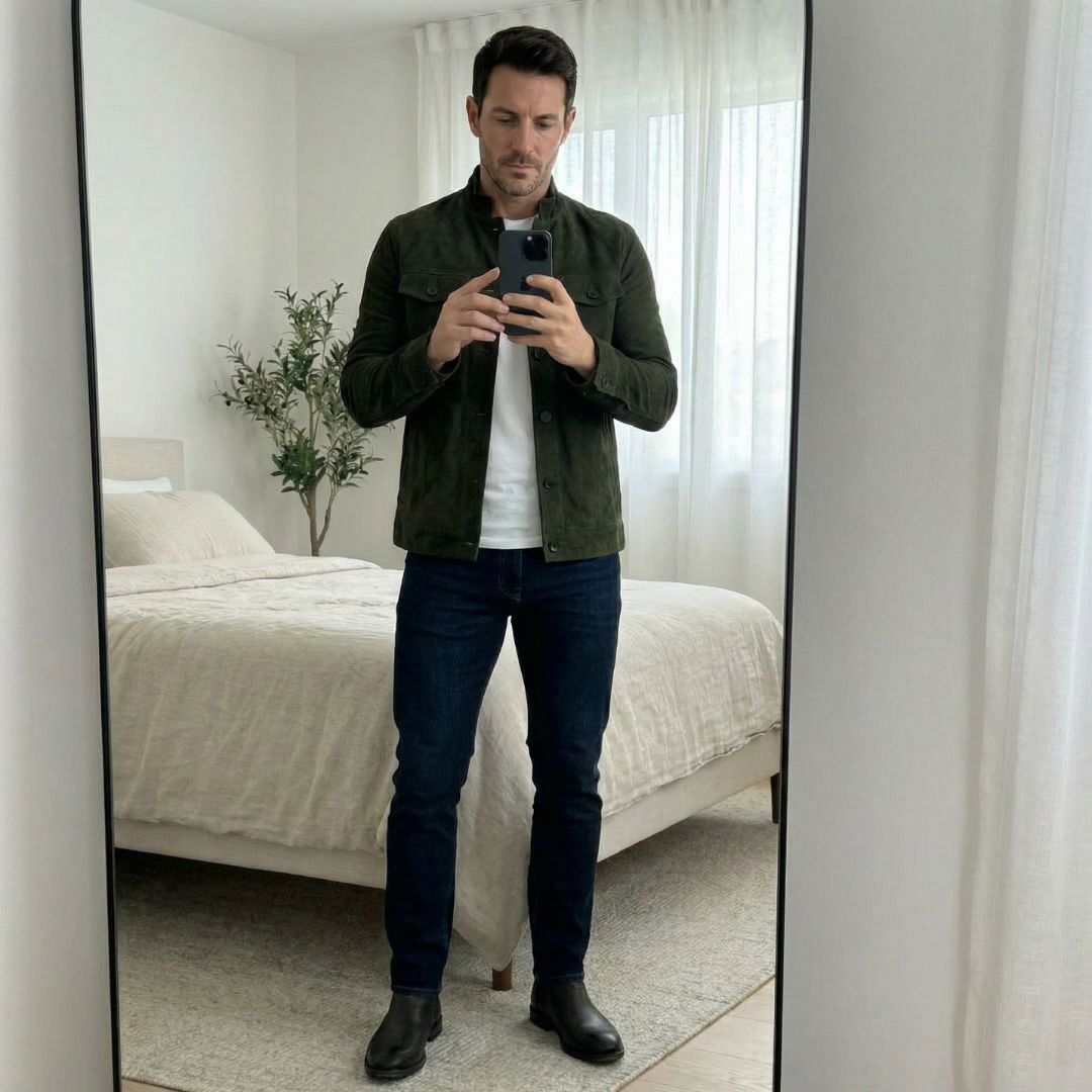Men's Faux Suede Jacket with High Collar and Button Closure - Elena Harper
