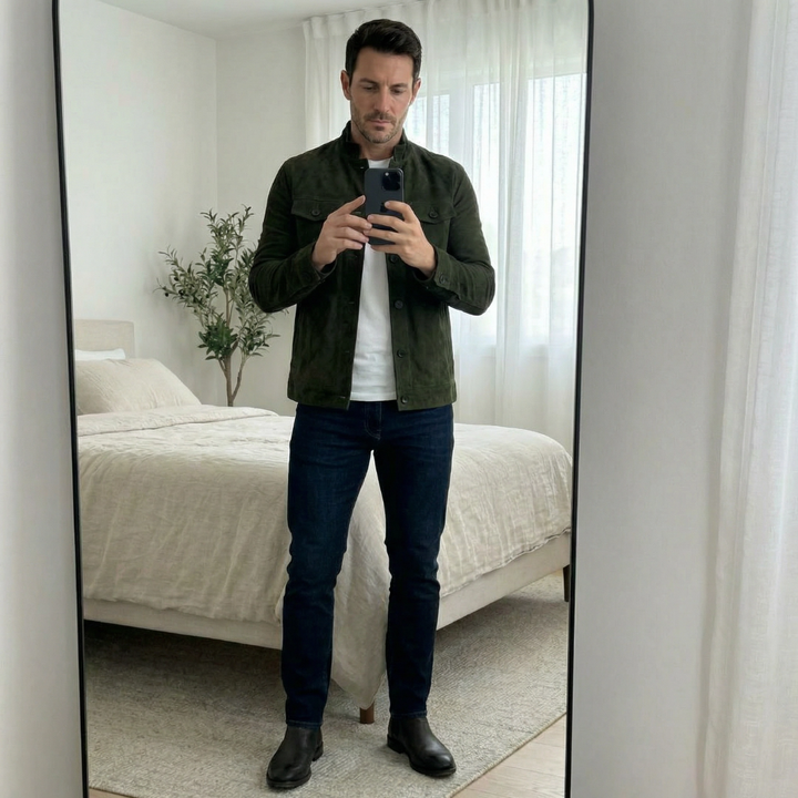 Men's Faux Suede Jacket with High Collar and Button Closure - Elena Harper
