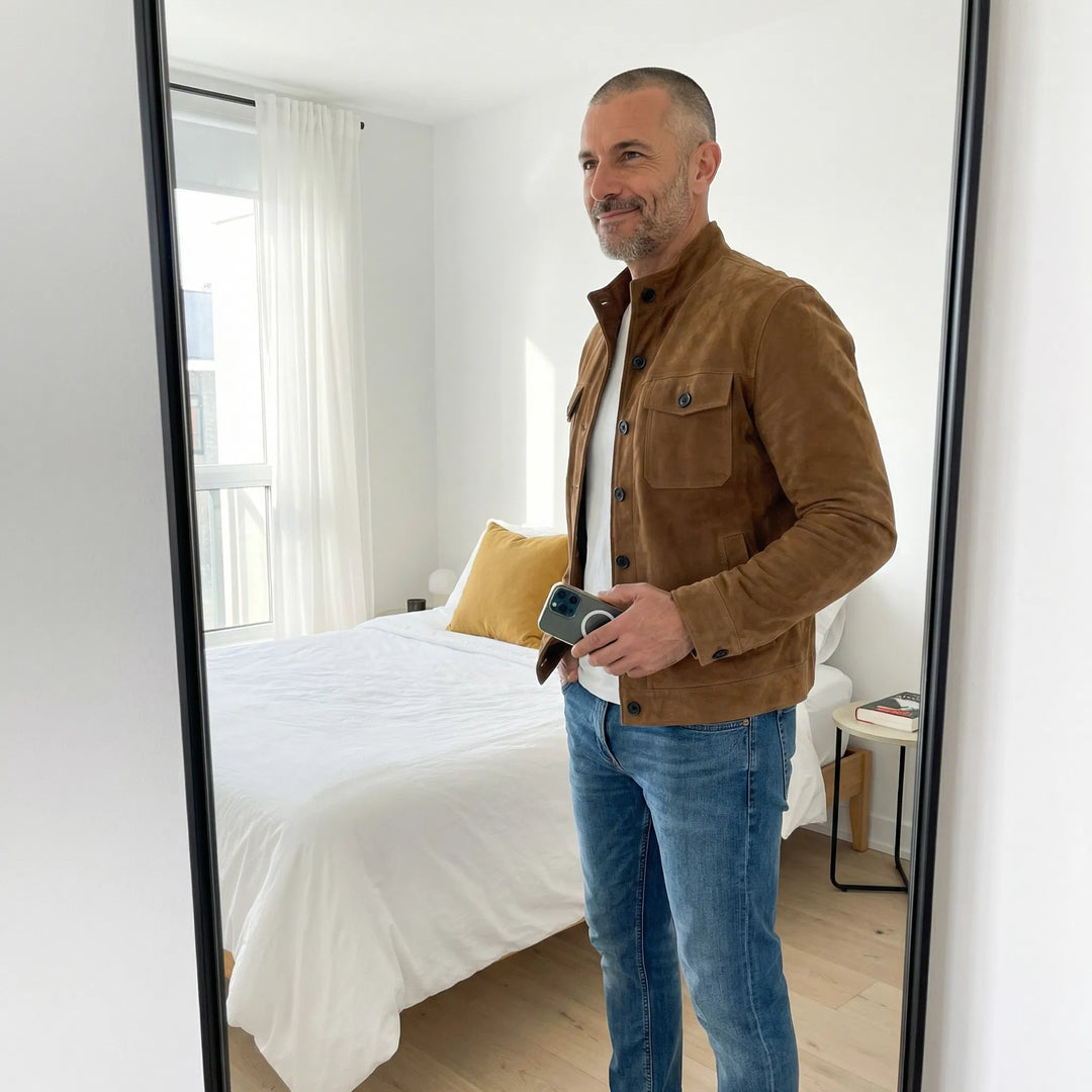 Men's Faux Suede Jacket with High Collar and Button Closure - Elena Harper