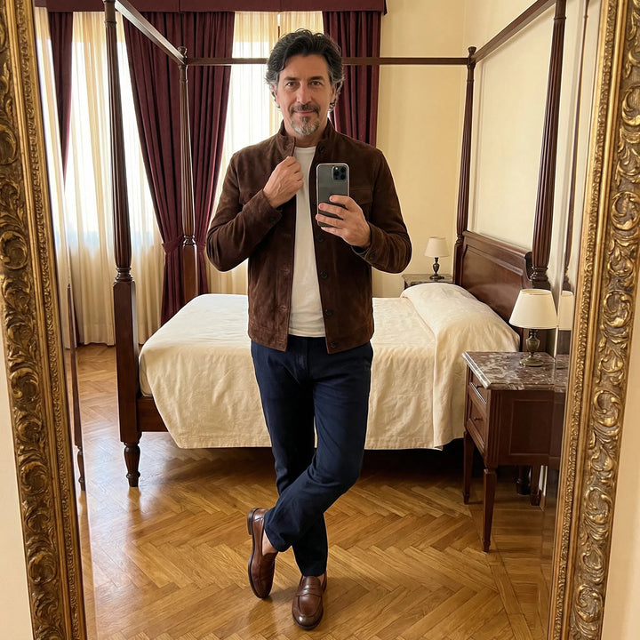 Men's Faux Suede Jacket with High Collar and Button Closure - Elena Harper