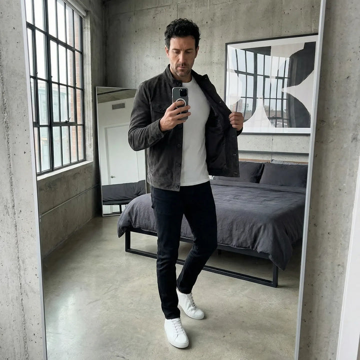 Men's Suede Effect Jacket with High Collar and Button Closure
