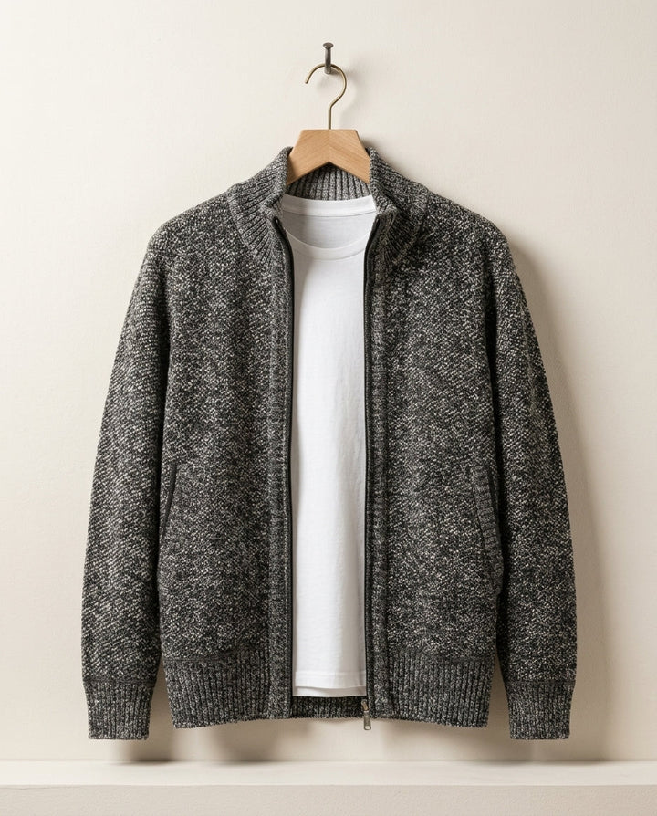Men's Zip-Up Knit Jacket with High Collar
