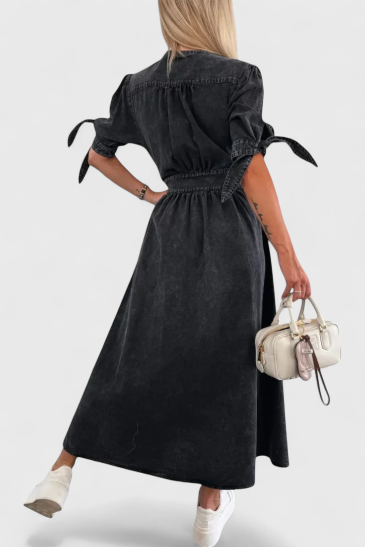 Adelina Denim Midi Dress with Buttons and V-Neck