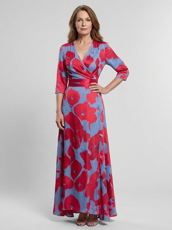 Danielle Three Quarter Sleeve V Neck Floral Maxi Dress - Elena Harper