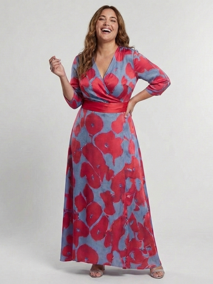 Danielle Three Quarter Sleeve V Neck Floral Maxi Dress - Elena Harper