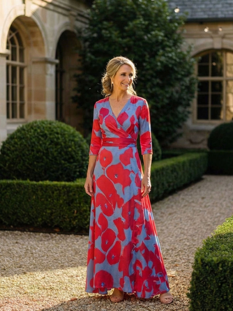 Danielle Three Quarter Sleeve V Neck Floral Maxi Dress - Elena Harper
