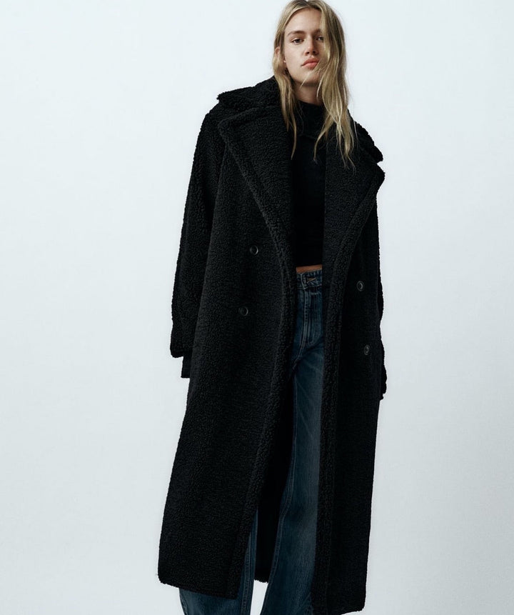 Warm Long Teddy Coat with Double Button Closure for Women