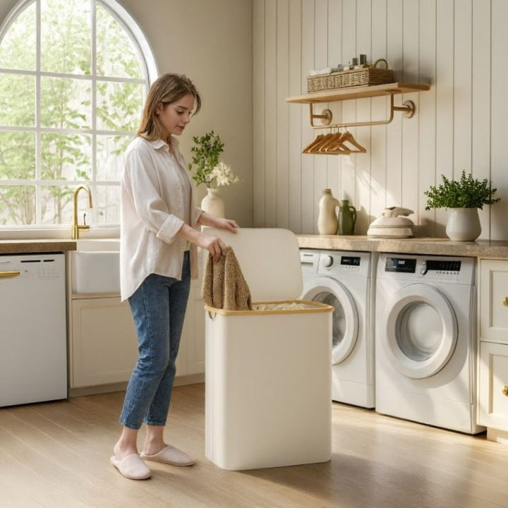 Laundry Basket with Lid | Laundry Sorter with 3 Compartments in Black, Beige and Grey | WäscheBox