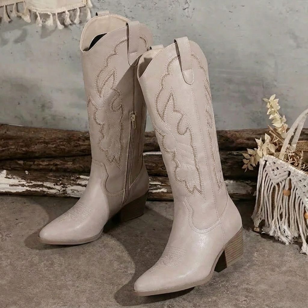 Etta Embroidered Cowgirl Block Heel Boots with Tall Shaft for Women - Elena Harper