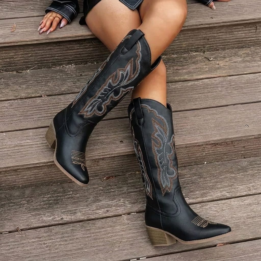 Etta Embroidered Cowgirl Block Heel Boots with Tall Shaft for Women - Elena Harper