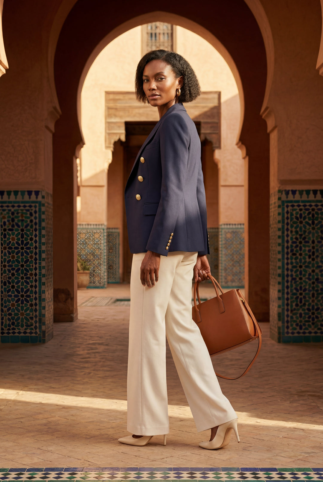 Ladies Double-Breasted Blazer with Gold Buttons