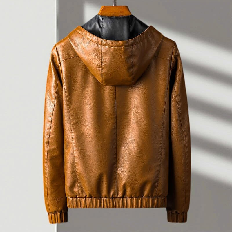 Windproof Leather Hooded Jacket with Zipper Pockets for Men