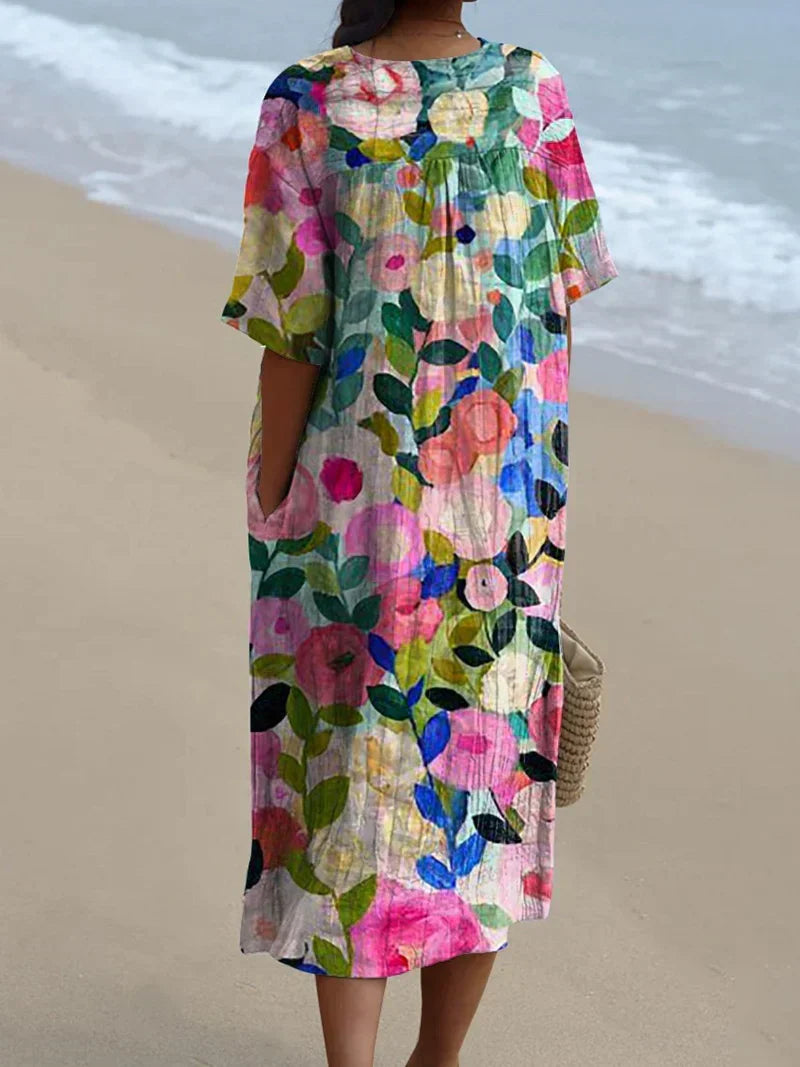 Margaret Vibrant Floral Garden Print Flowy Dress, view 2 - Elena Harper