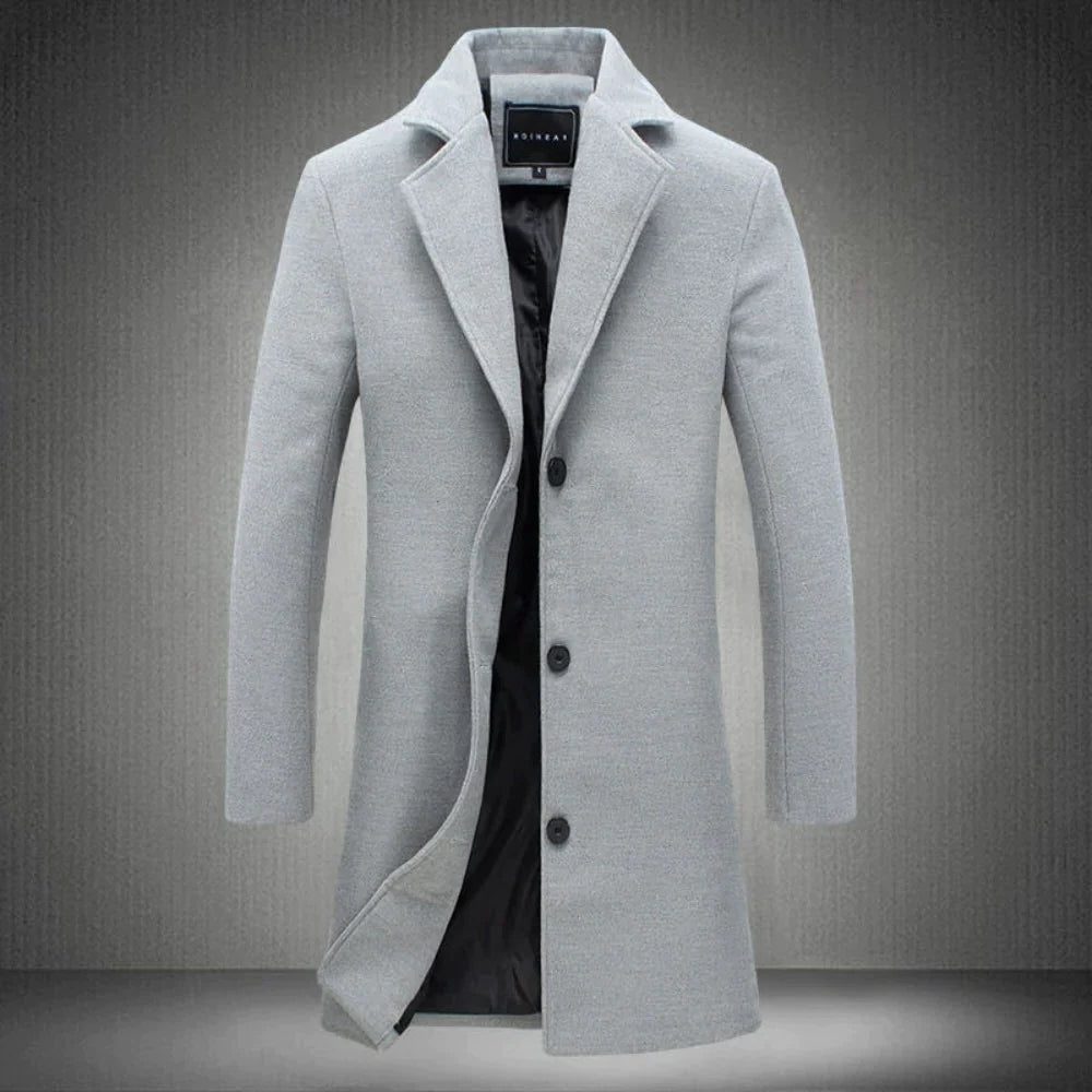 Wool Long Overcoat with Notched Lapel for Men