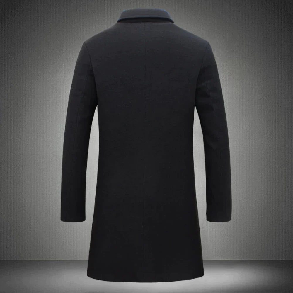 Wool Long Overcoat with Notched Lapel for Men