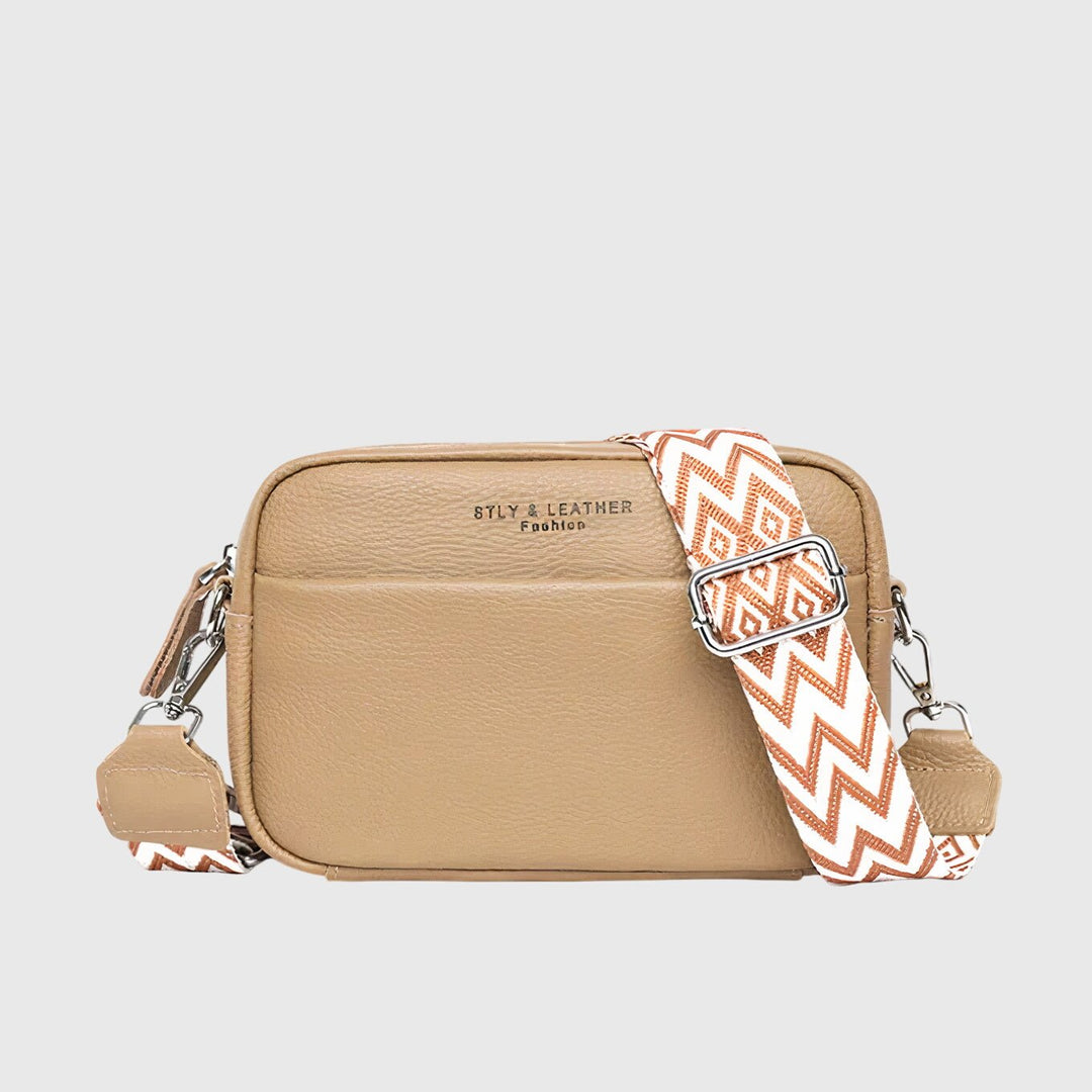Women's Leather Shoulder Bag with Wide Patterned Strap