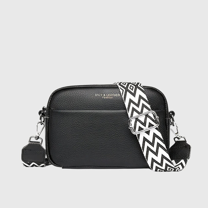 Women's Leather Shoulder Bag with Wide Patterned Strap