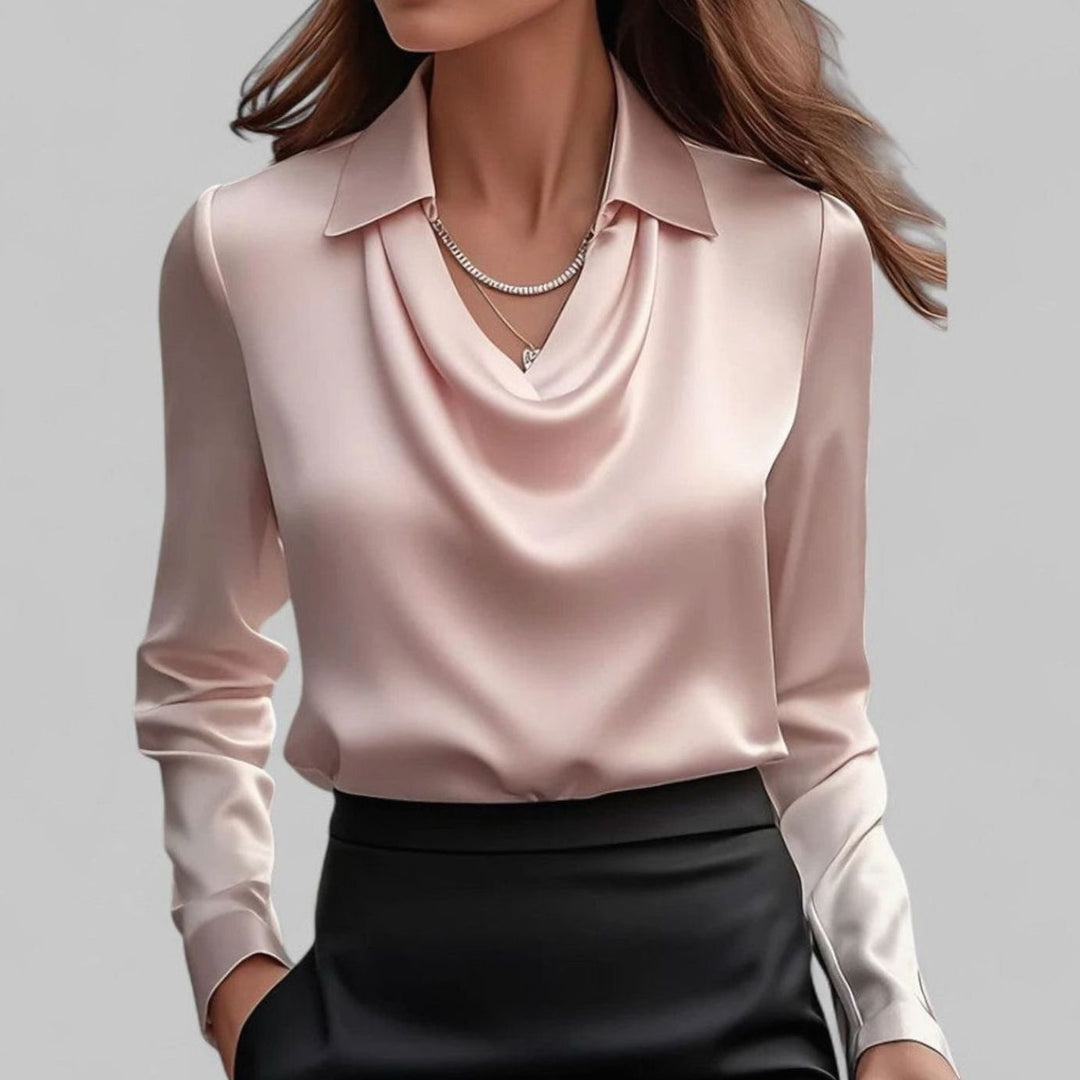 Women's Long Sleeve Draped-Neck Satin Collared Blouse Top