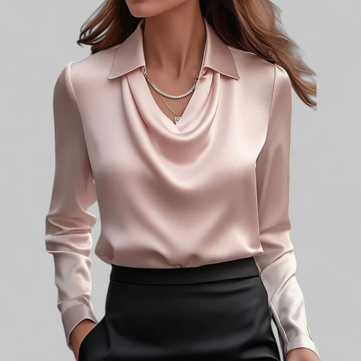 Women's Long Sleeve Draped-Neck Satin Collared Blouse Top
