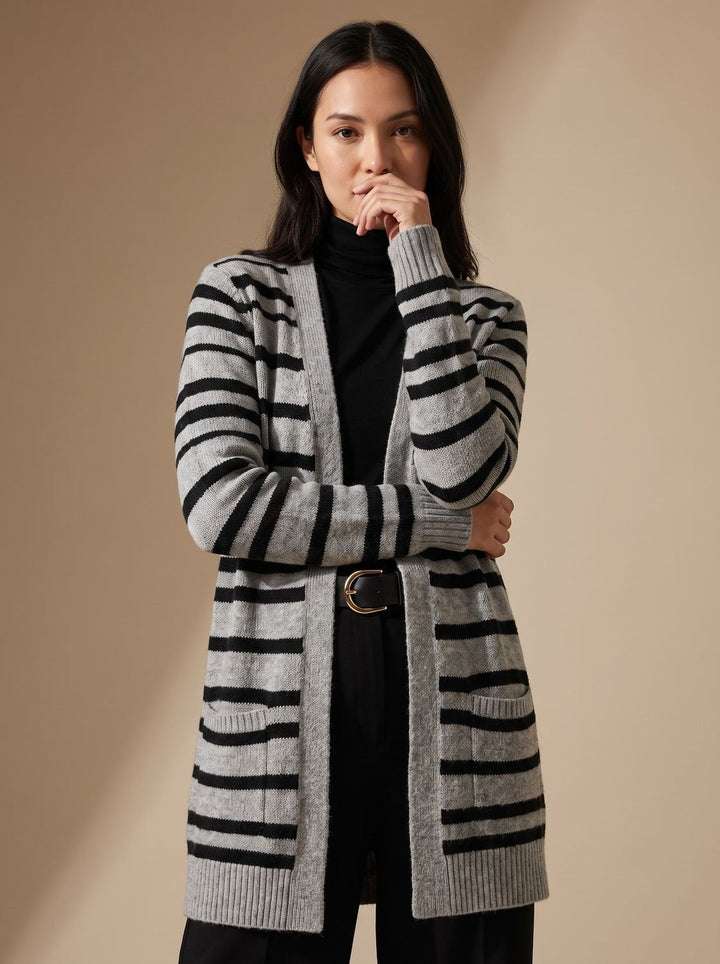 Women's Oversized Striped Long Open-Front Knit Cardigan, view 7 - Elena Harper