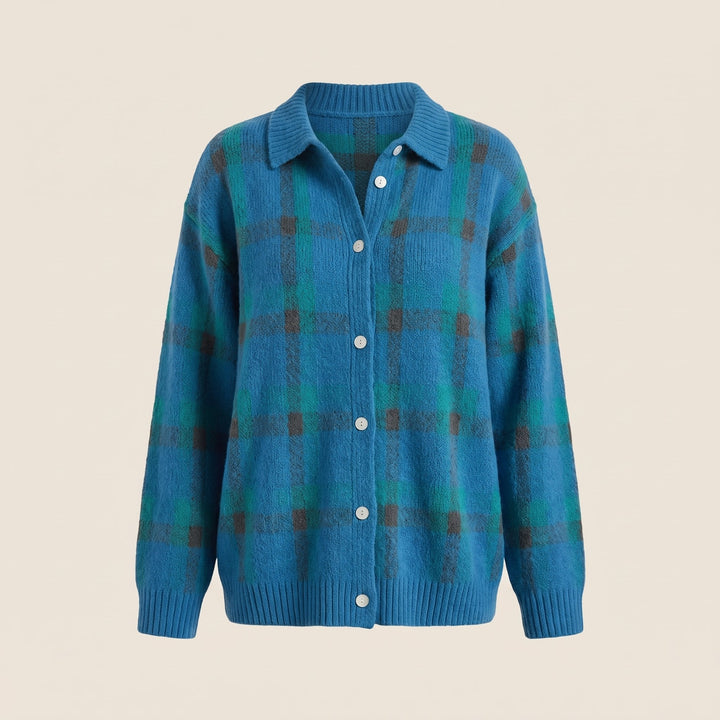 Women's Retro Check Sweater with Shirt Collar