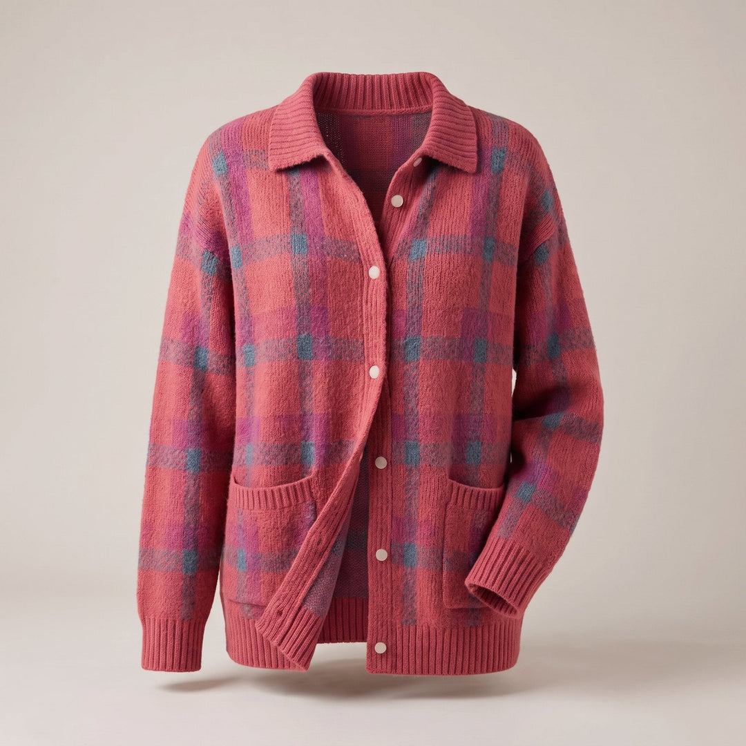 Women's Retro Check Sweater with Shirt Collar