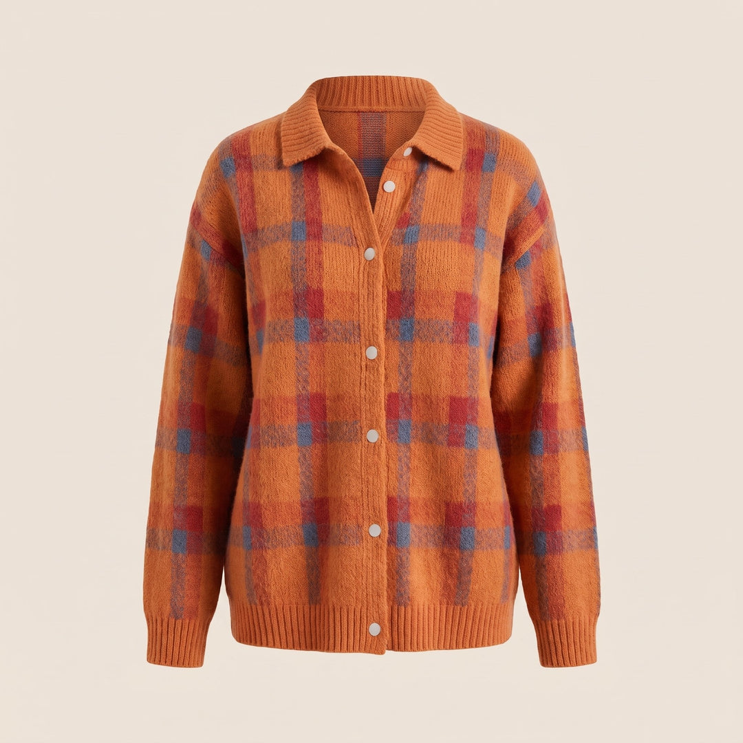 Women's Retro Check Sweater with Shirt Collar