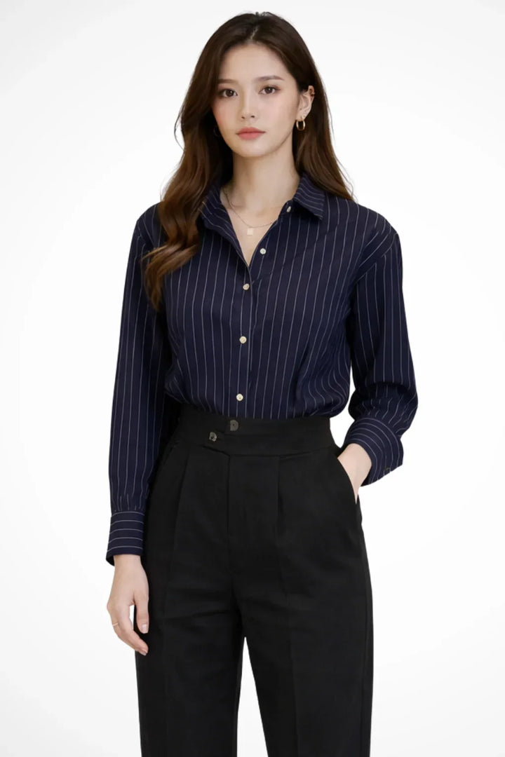 Women's Striped Button-Up Shirt with Collar and Buttoned Cuffs