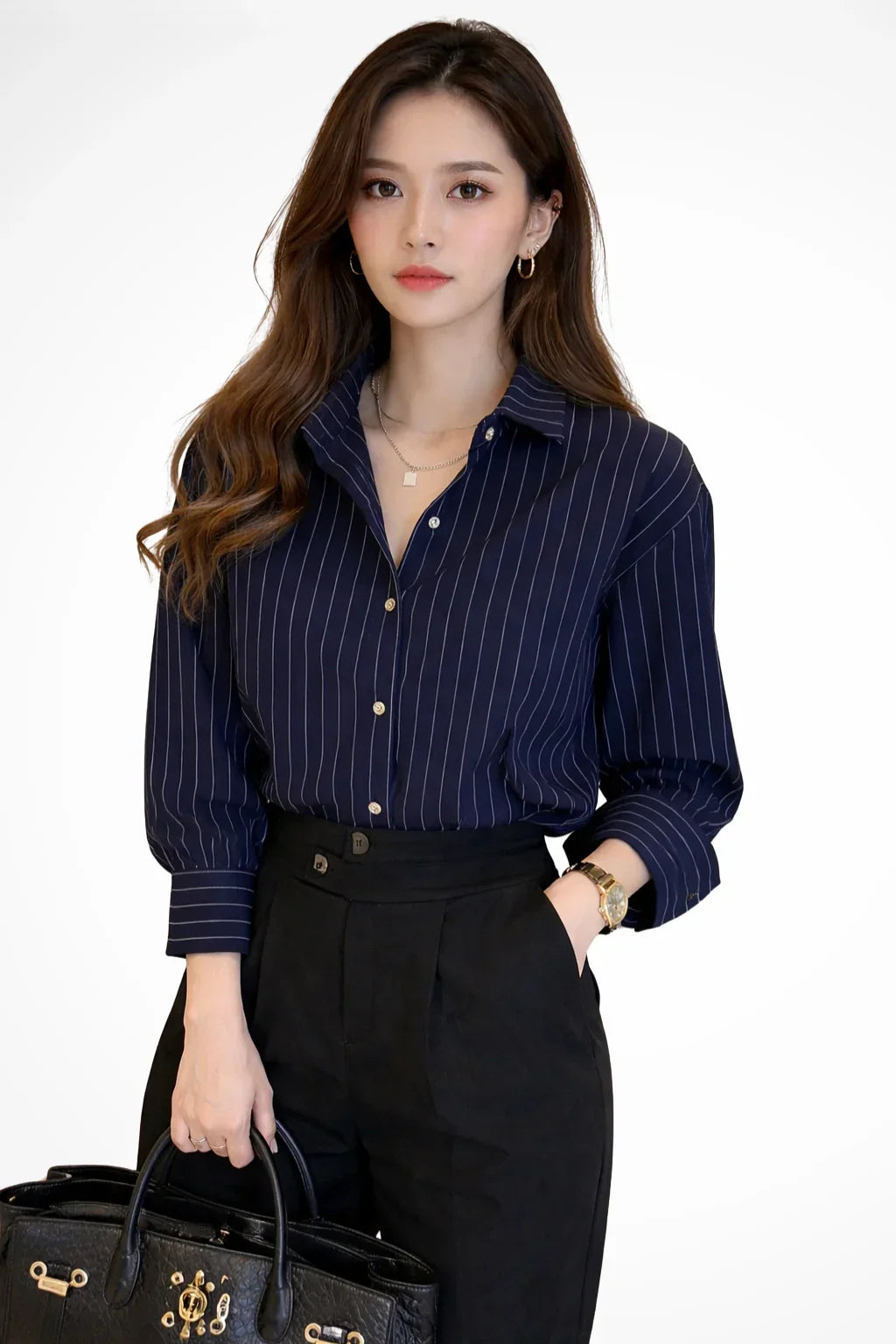 Women's Striped Button-Up Shirt with Collar and Buttoned Cuffs