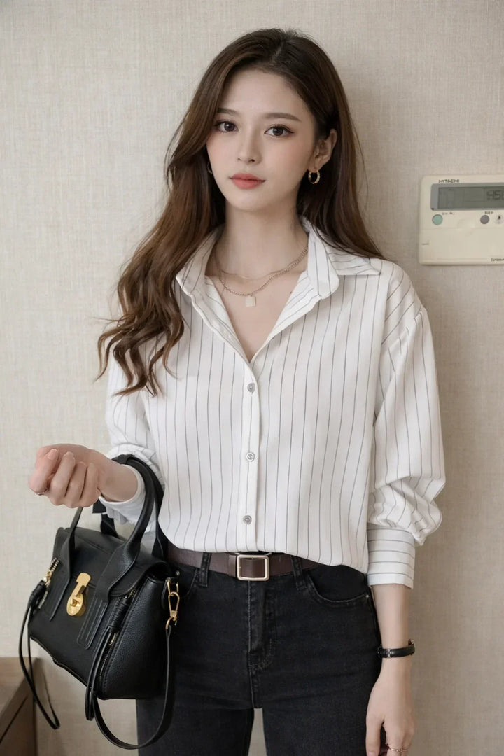 Women's Striped Button-Up Shirt with Collar and Buttoned Cuffs