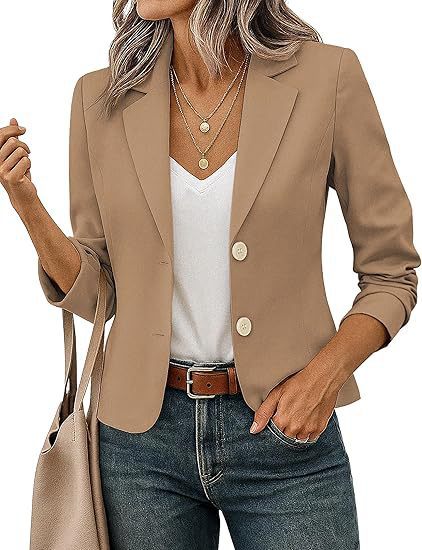 Ladies Short Tailored Blazer with Decorative Buttons and 3/4 Sleeves