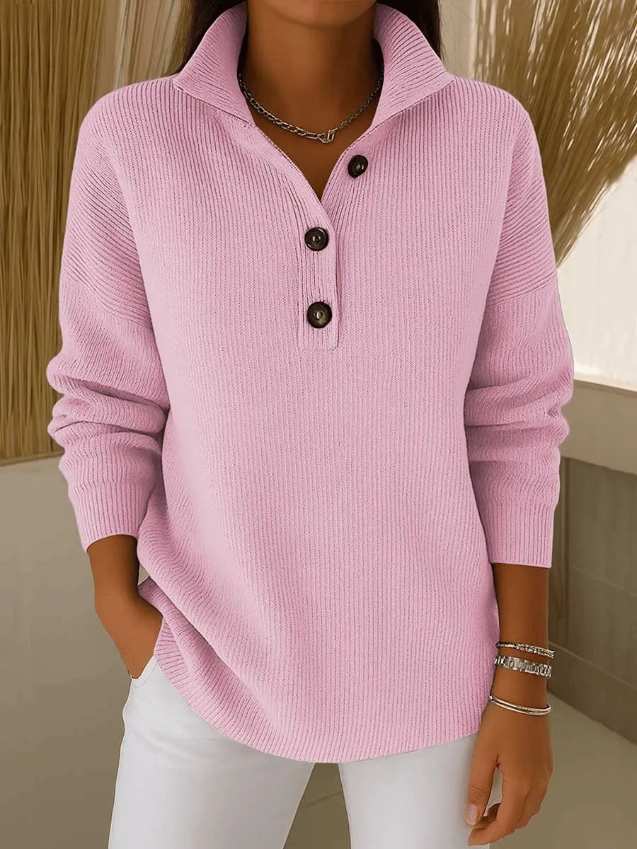 Ladies V-Neck Sweater with Polo Collar and Button Closure