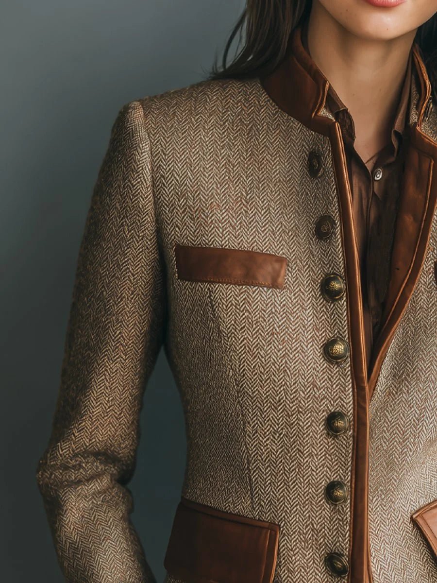Women's Vintage Herringbone Tweed Jacket with Leather-Trim